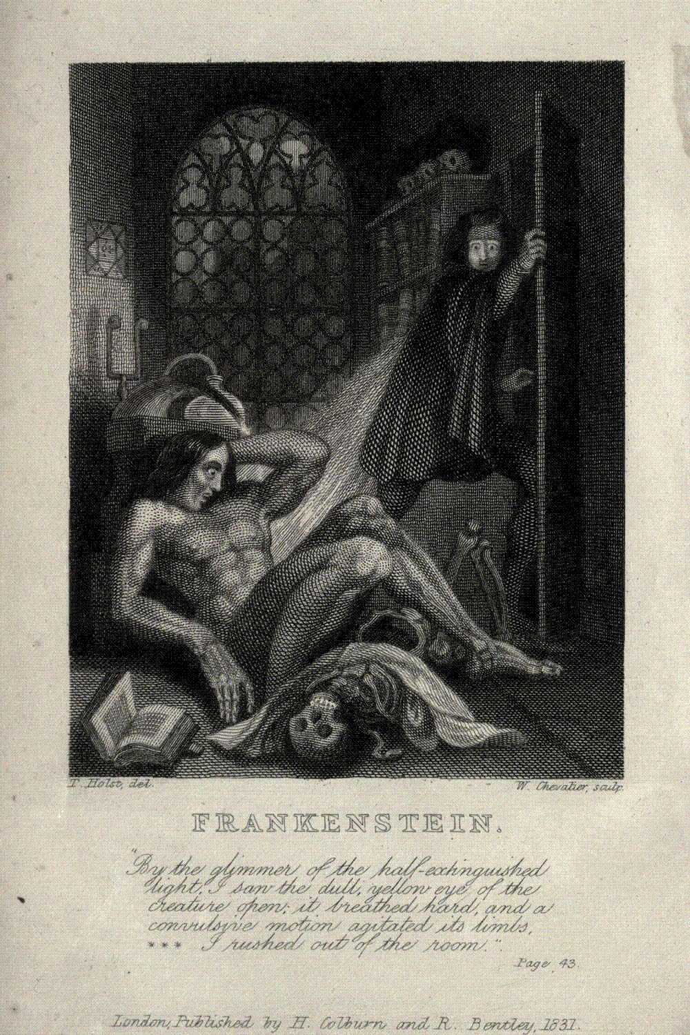 Theodor von Holst's frontispiece to the 1831 edition of Frankenstein, showing the newly animated creature beside the laboratory as Victor Frankenstein flees