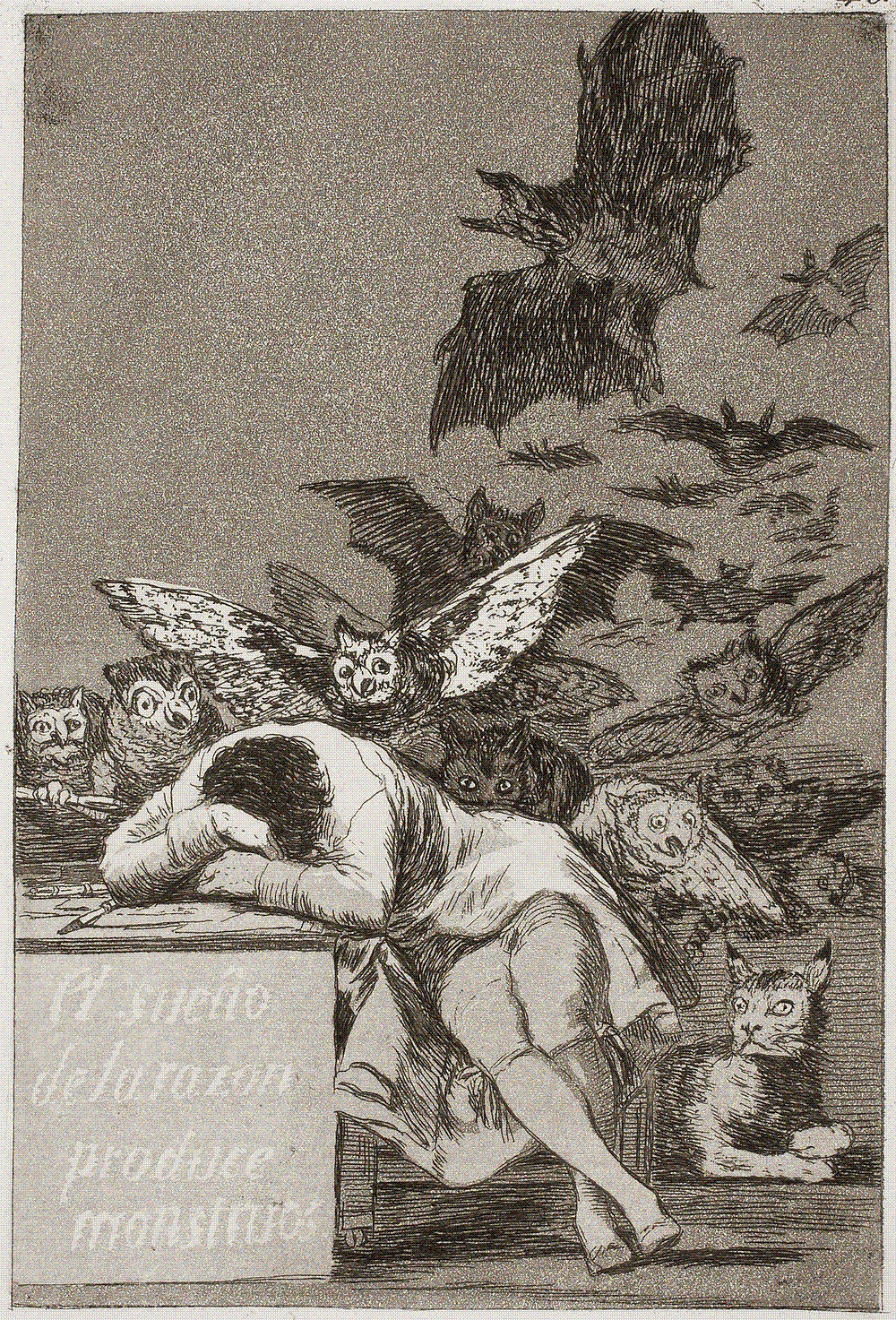 Goya's Capricho No. 43: a man asleep at his desk, inscribed 'El sueño de la razon produce monstruos', as owls and bats swarm behind him and a lynx watches