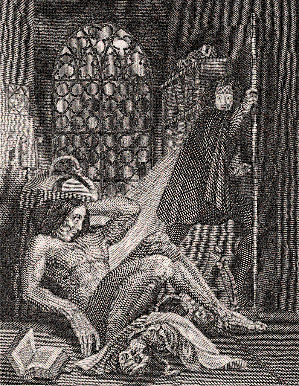 Theodor von Holst's engraved frontispiece to the 1831 edition of Frankenstein, showing the newly animated creature recoiling as Victor flees his laboratory