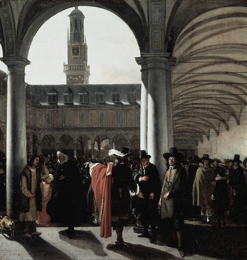 A sunlit colonnaded courtyard thronged with merchants trading beneath arches, Emanuel de Witte's painting of the Amsterdam stock exchange