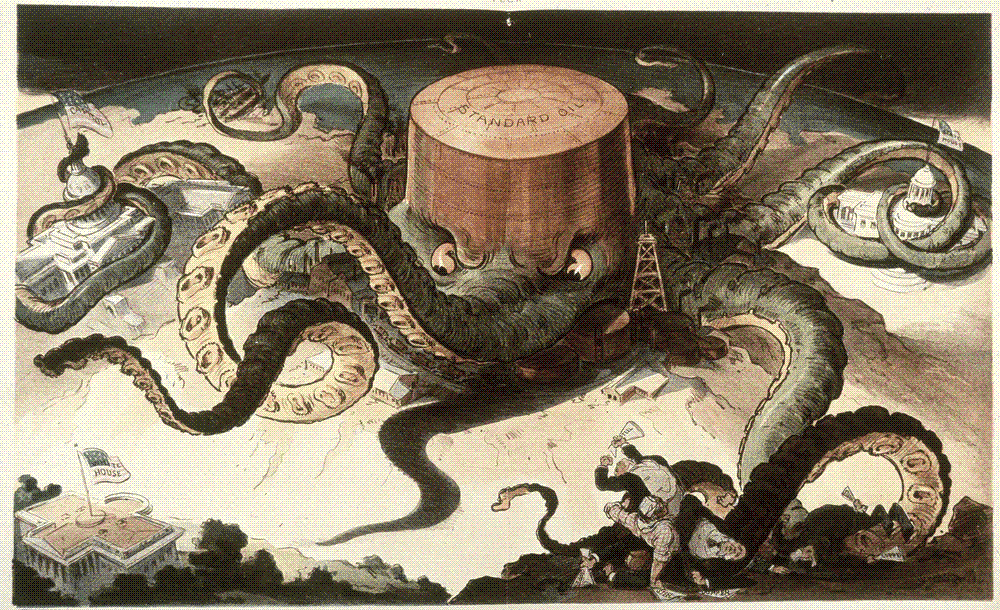 Political cartoon of an octopus labeled Standard Oil gripping industries and government buildings with its tentacles, reaching toward the White House