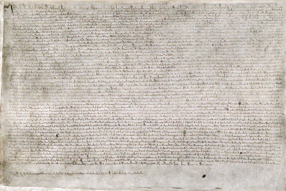 One of the four surviving 1215 exemplifications of Magna Carta, British Library Cotton MS Augustus II.106, a densely written single sheet of parchment.