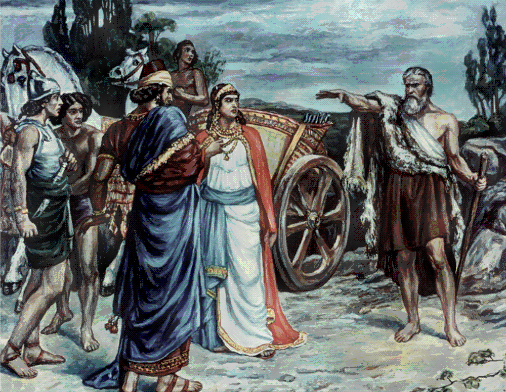 Sir Frank Dicksee's painting of Jezebel and Ahab confronted by the prophet Elijah in Naboth's vineyard.