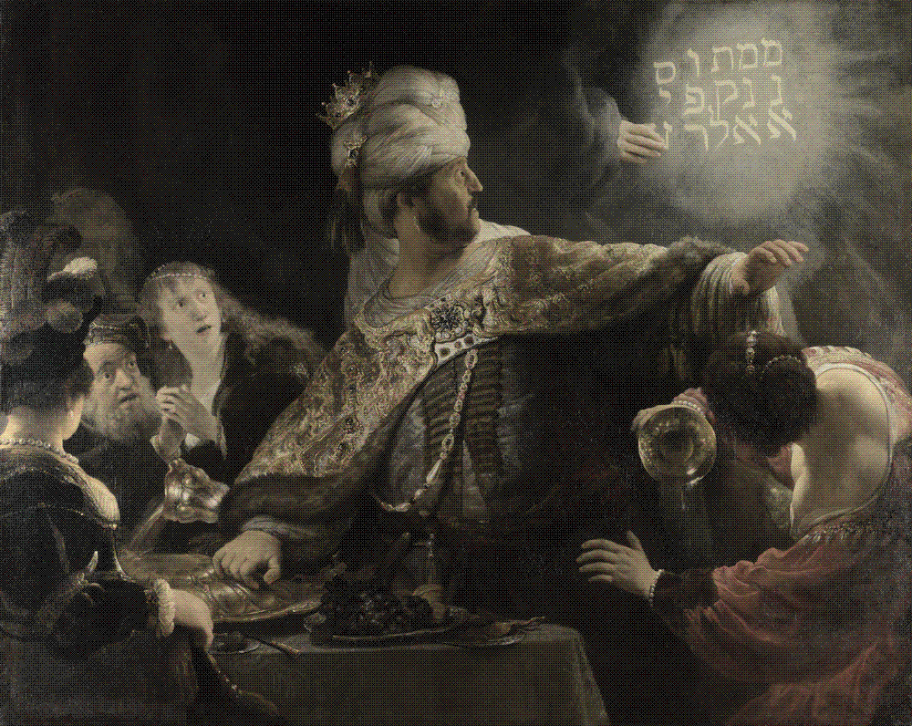 Rembrandt's Belshazzar's Feast: the turbaned king recoils from a glowing Hebrew inscription written on the wall by a disembodied hand as wine spills from a golden goblet.