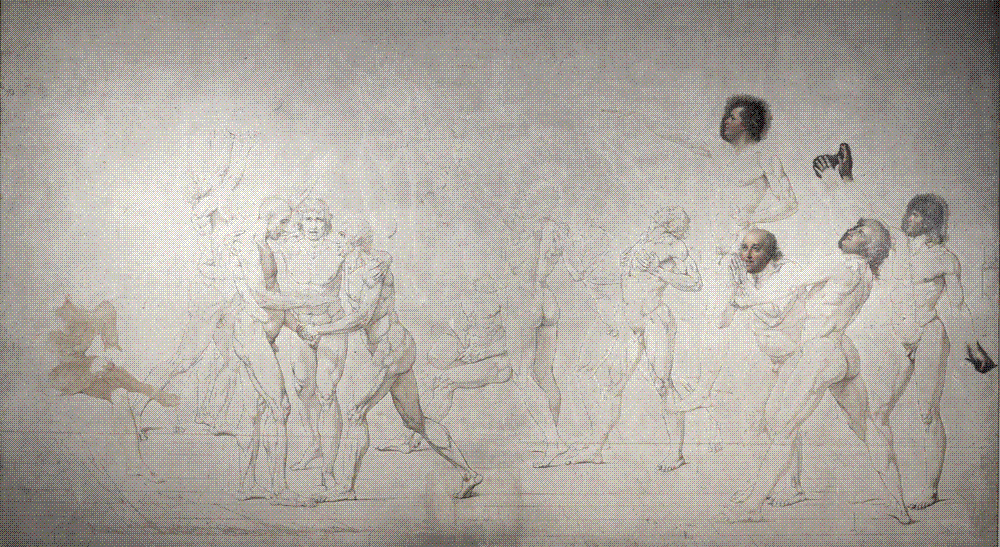 Jacques-Louis David's unfinished Tennis Court Oath: deputies of the National Assembly stretch their arms toward Bailly standing on a table, drawn in outline on bare canvas.