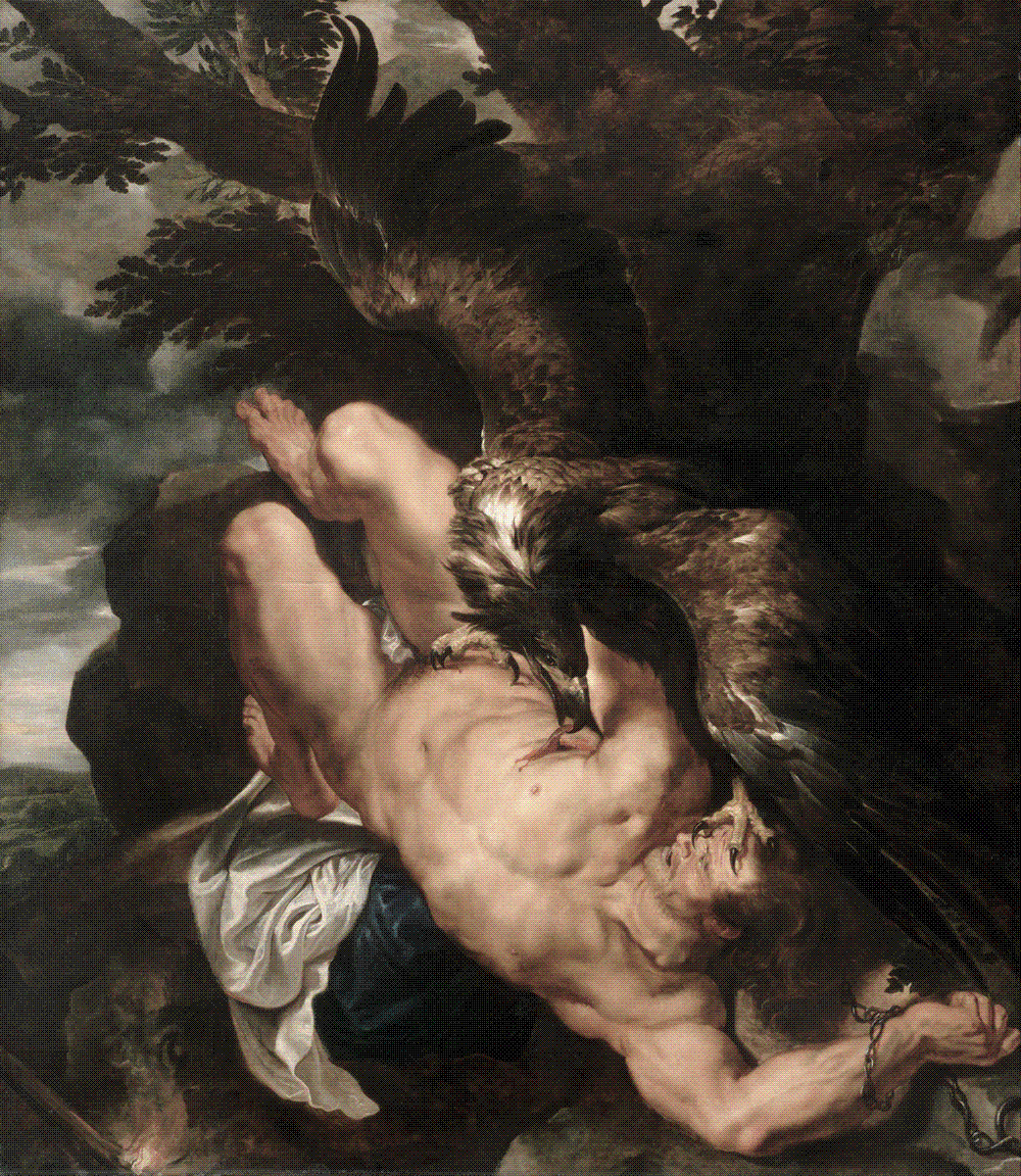 A muscular naked man sprawled backwards across a rock, one wrist held by an iron chain, while a huge dark eagle pins his head with a talon and tears at his side.