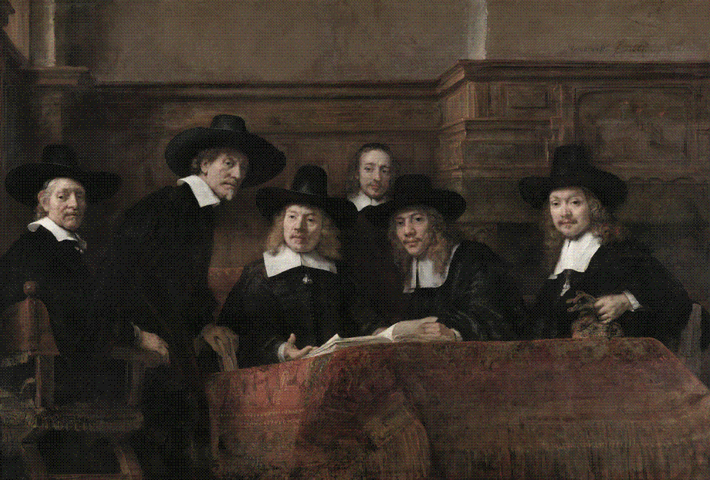 Five seated men in black coats, white collars and wide-brimmed black hats behind a table covered with a red-patterned carpet, an open ledger before them, all looking directly out at the viewer; a bareheaded man in dark clothing stands behind them against a panelled wall.