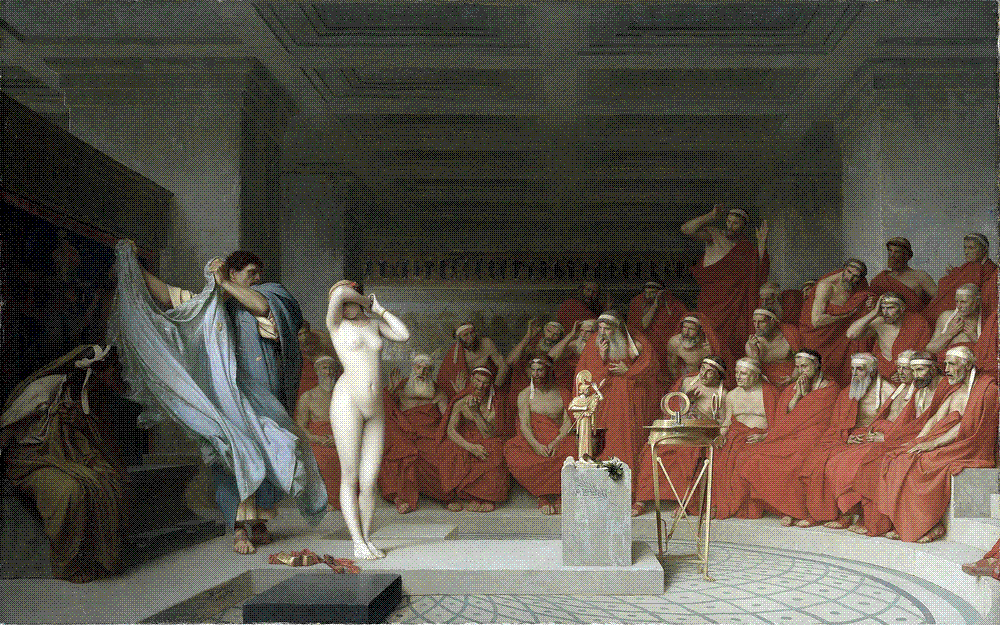 A nude woman shields her face with her arm as an orator pulls away her robe before a semicircle of seated, gesturing male judges in a marble hall.