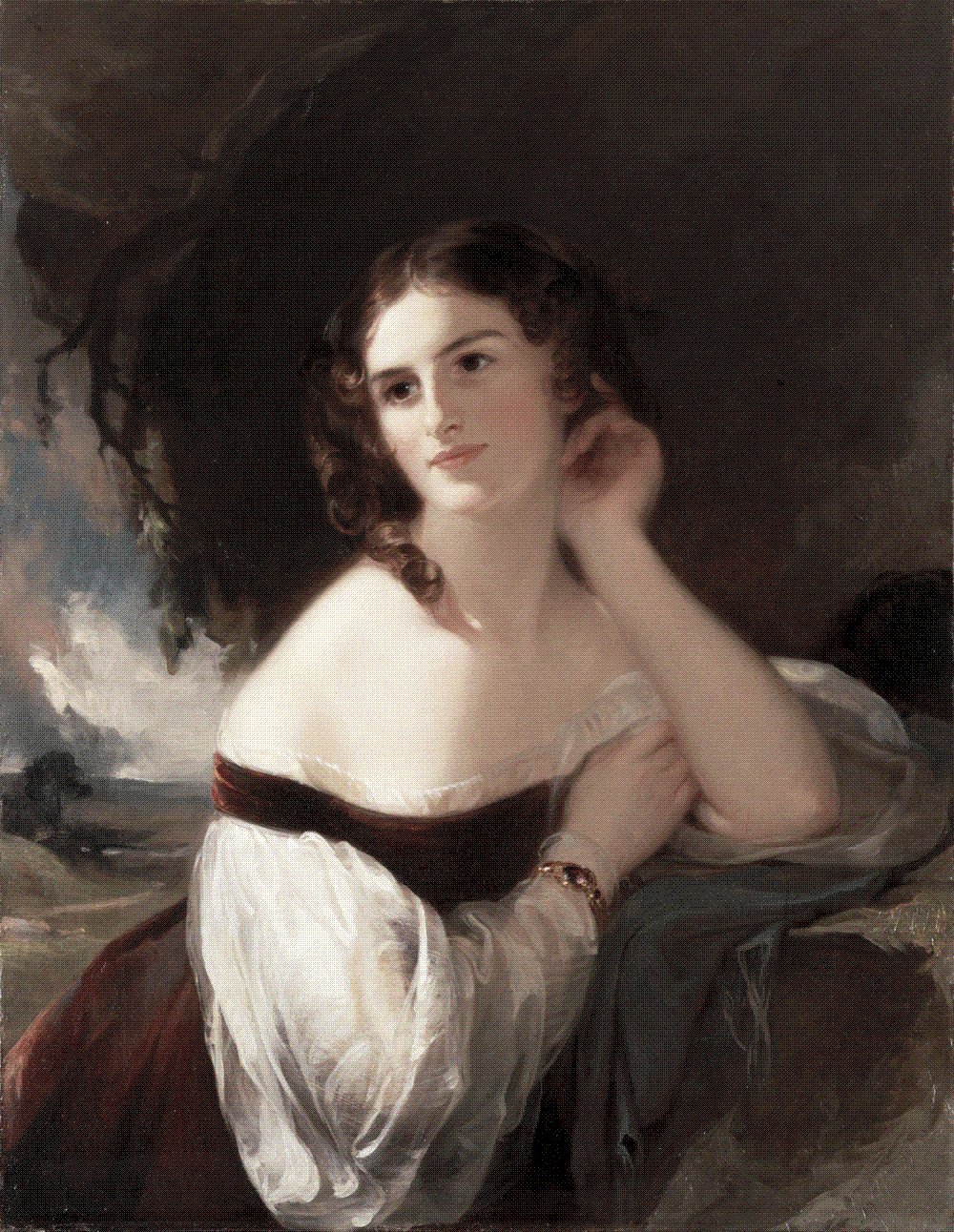 Painted three-quarter portrait of a dark-haired young woman in a white gown with a sheer organdy sleeve, looking away from the viewer against a dark background.