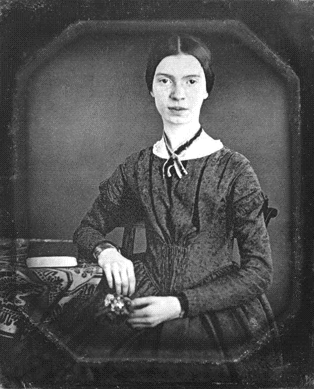 Daguerreotype of a young woman with centre-parted dark hair in a dark pleated dress, seated with one hand resting on a book, gazing steadily at the camera.