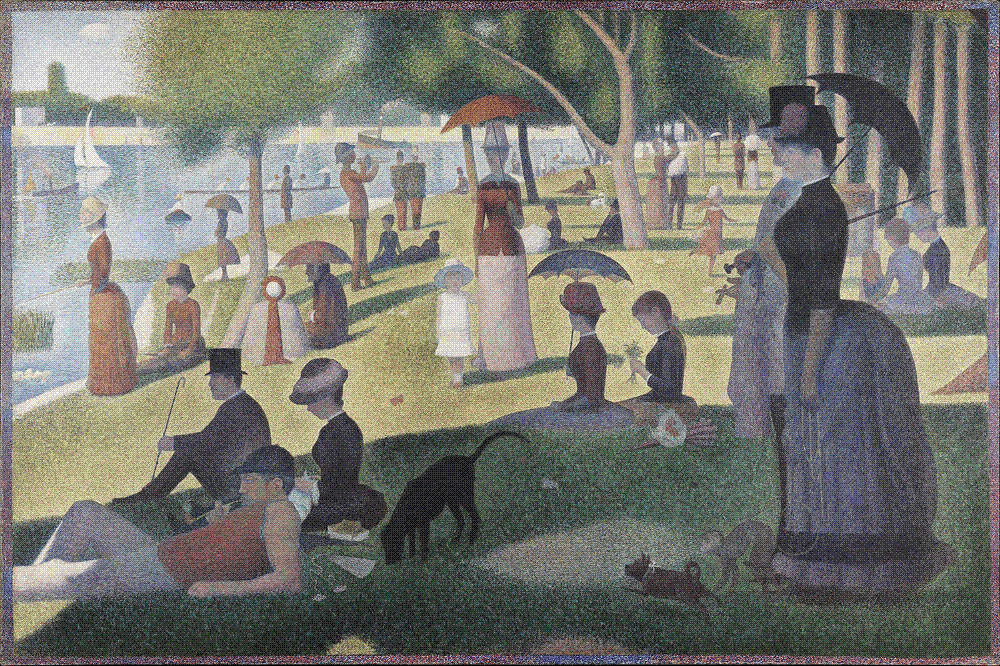 Large pointillist painting of Parisians in Sunday dress standing and sitting on a sunlit river island, with parasols, a sailboat on the water, and figures facing rigidly in profile.