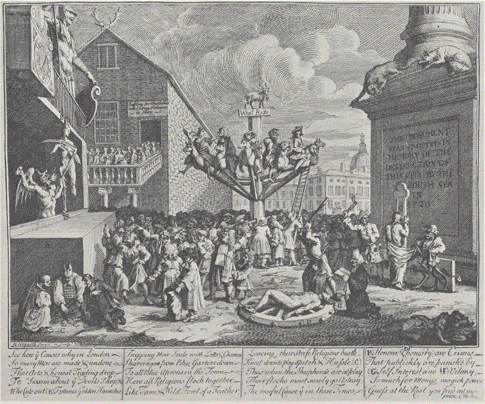 A crowded 18th-century square where a large merry-go-round of speculators spins, a demon carves up a female figure of Fortune, and a man is broken on a wheel labelled Honesty.
