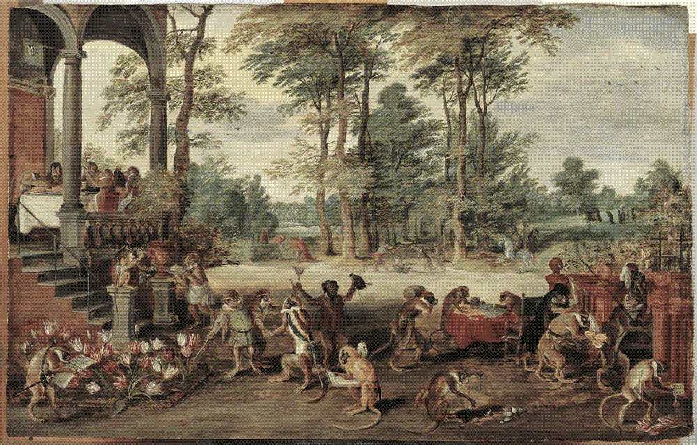 Monkeys dressed as wealthy Dutch merchants trade tulip bulbs, weigh coins, and feast, while one urinates on flowers and another mourns at a graveside as the market crashes.