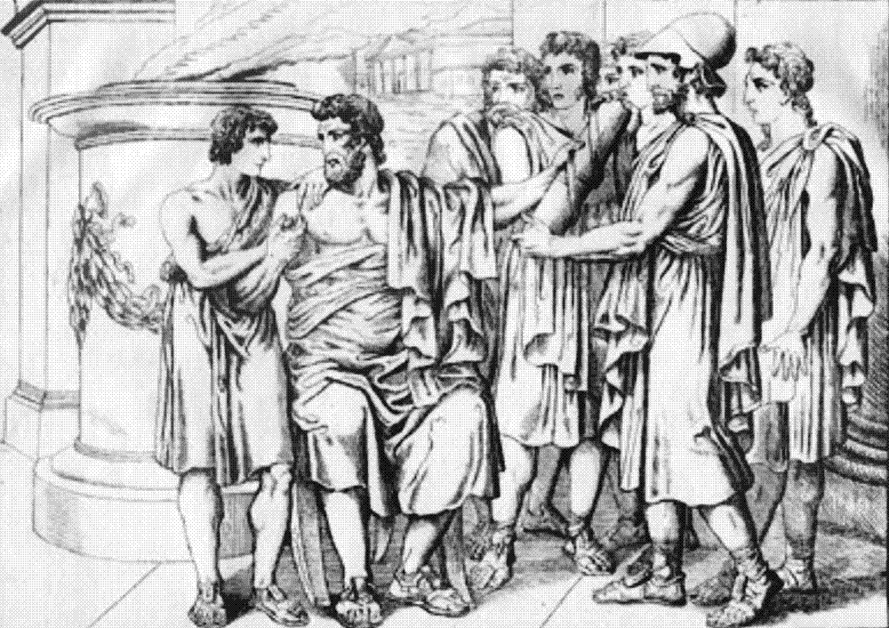 Line engraving of a bearded Lycurgus seated beside a smoking altar, leaning back as a crowd of young Spartan men in tunics and cloaks presses in around him to listen.