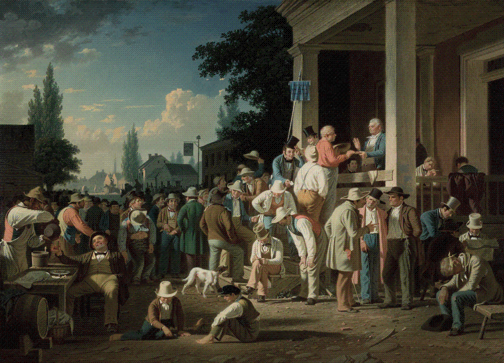 Oil painting of a crowded American election day: dozens of men in hats and shirtsleeves fill a dusty street outside a columned courthouse, one voter taking an oath with his hand raised before an official on the steps, others electioneering, drinking from a punch bowl and cider barrel, a small pale blue banner hanging from the portico, and two boys playing on the ground in the foreground.