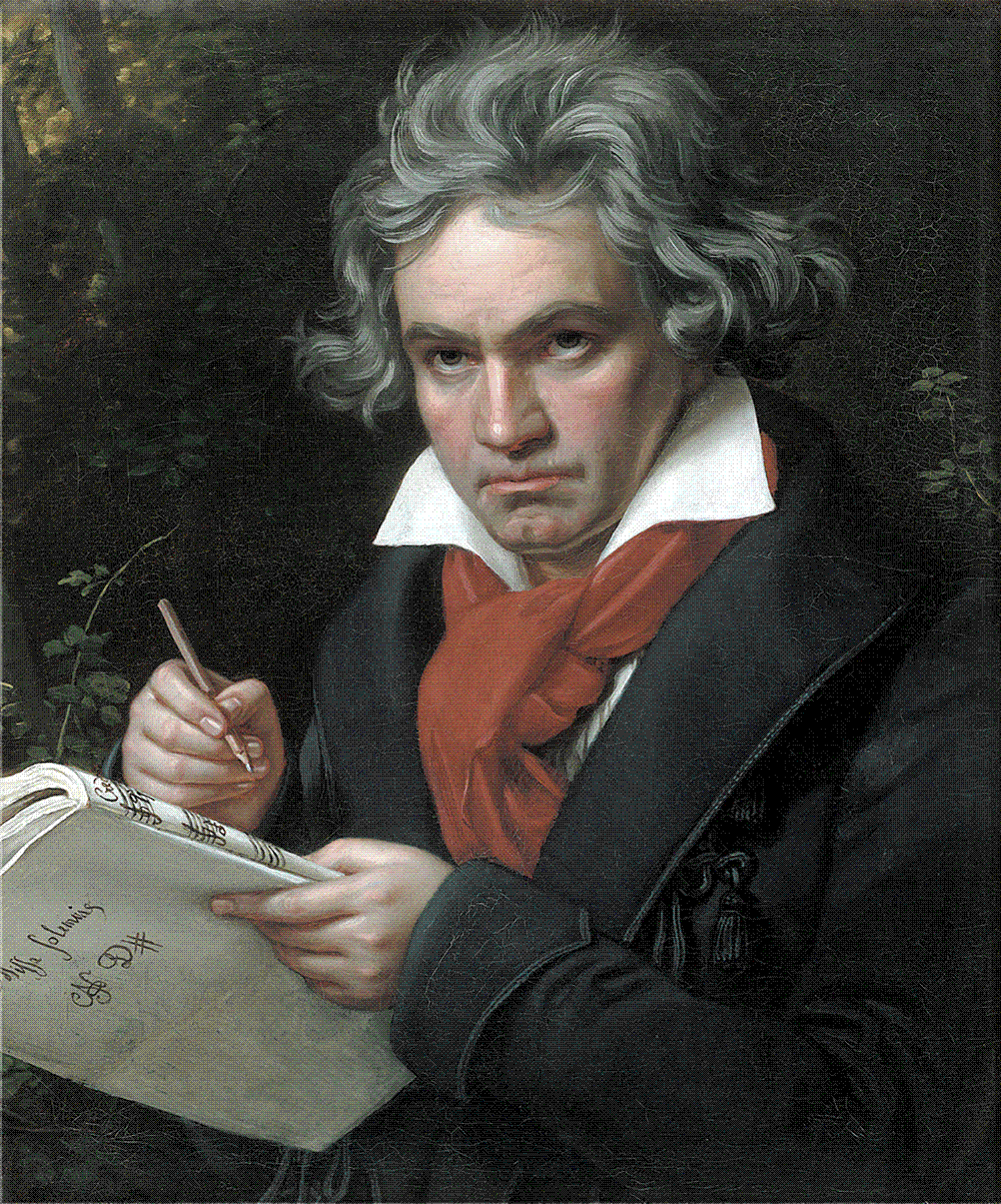 Oil portrait of Ludwig van Beethoven seated with a red scarf, holding pen and a manuscript, gazing intently upward and to the side.