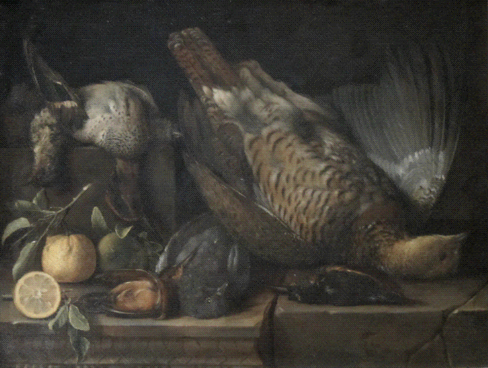 An oil still life of several dead game birds — a large pheasant with one wing splayed, ducks and small songbirds — heaped limp on a stone ledge beside oranges and a cut lemon, against a dark background.