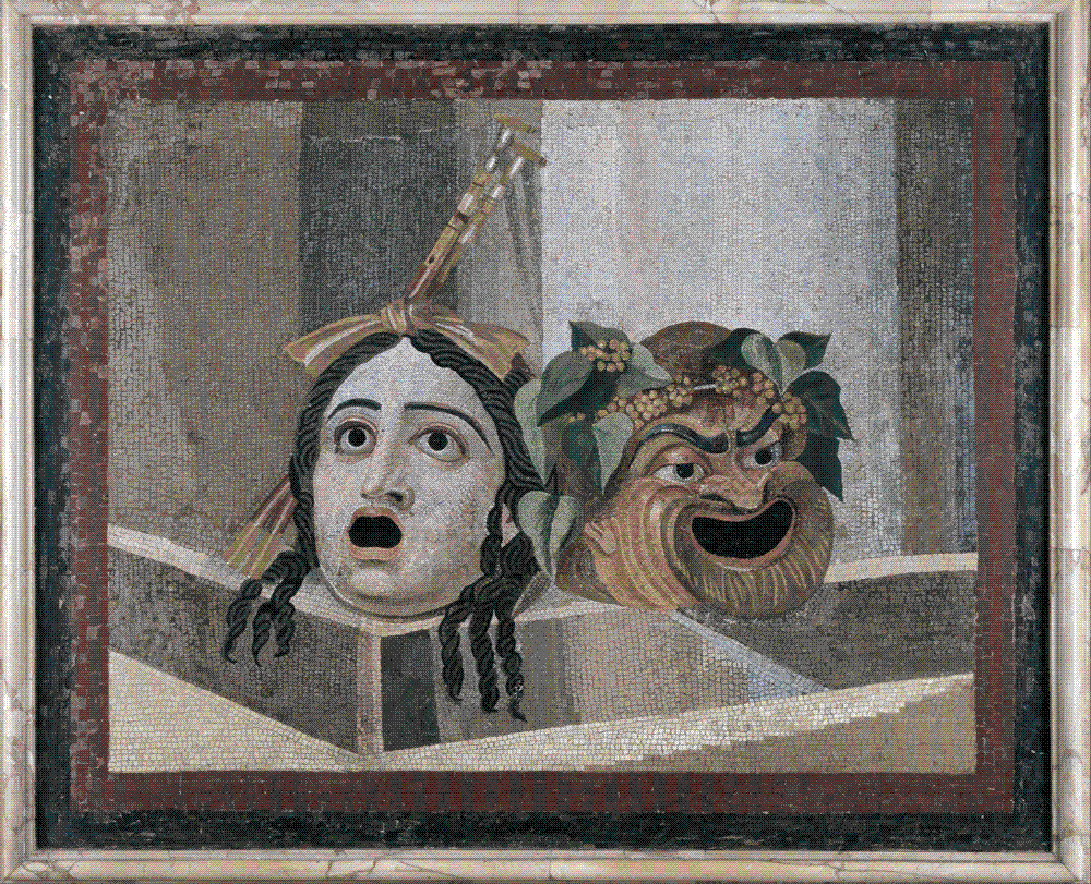 Roman mosaic of a tragic and a comic theatrical mask, 2nd century AD, Capitoline Museums, Rome