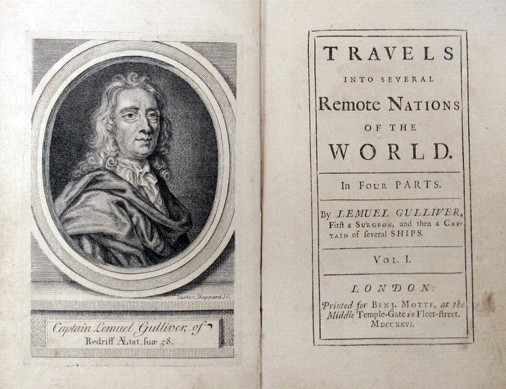 Frontispiece portrait of Captain Lemuel Gulliver and the title page of the 1726 first edition of Gulliver's Travels, printed for Benjamin Motte