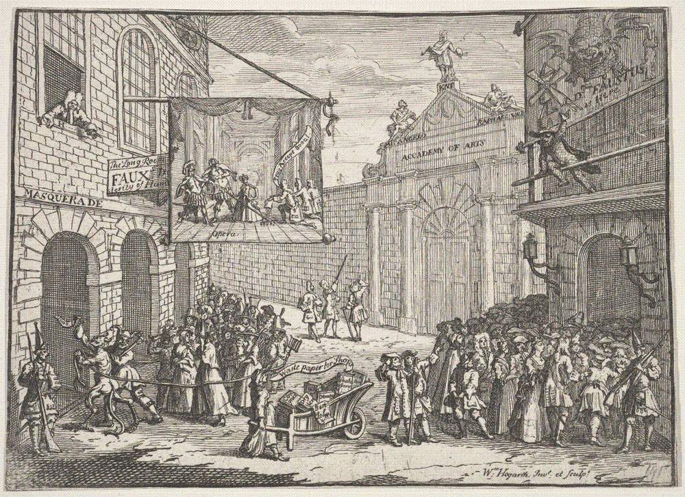 William Hogarth's 1724 etching Masquerades and Operas, with a wheelbarrow of Shakespeare, Dryden and Congreve labelled 'Waste paper for shops'