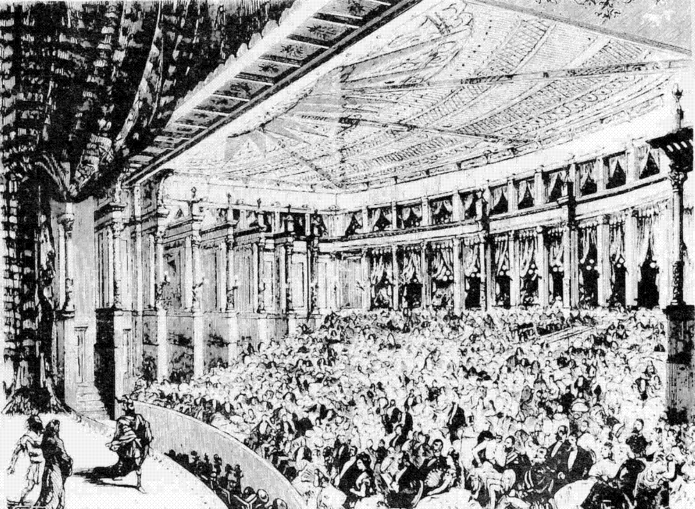 Contemporary engraving of the packed auditorium of the Bayreuth Festspielhaus during a performance of Das Rheingold in 1876