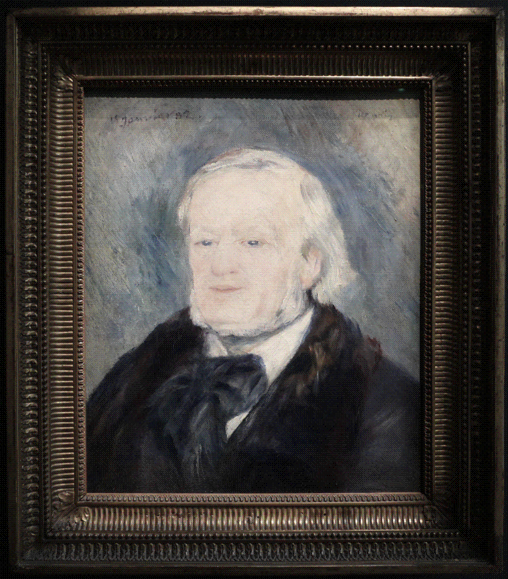 Impressionist oil portrait of an elderly Richard Wagner, head and shoulders, against a soft blue-grey background.