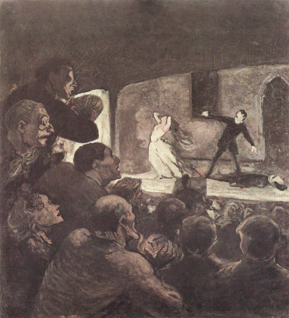 Painting of a darkened theatre audience, pale faces lit from below by stage light, watching an unseen stage.