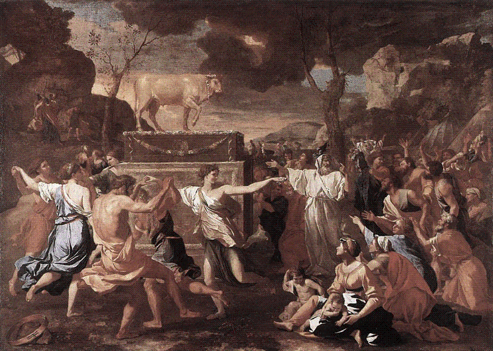 Baroque painting of a crowd dancing in a ring around a golden calf raised on a pedestal, a priest gesturing at the idol while Moses appears in the distance.