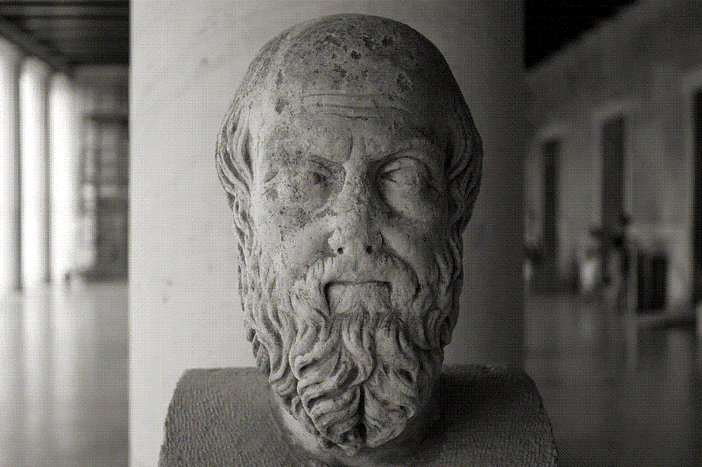 Marble portrait bust of the Greek historian Herodotus, whose Histories records the killing of Darius's heralds at Athens and Sparta.