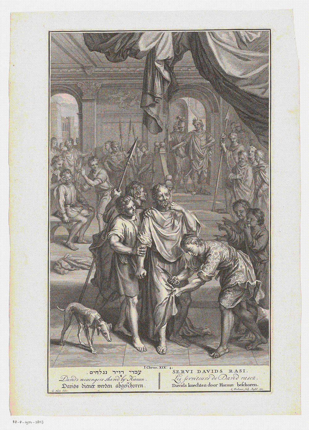 Engraved book illustration of 1711, 'Davids knechten bij Hanun', showing David's envoys shamed at the Ammonite court; Rijksmuseum, Amsterdam, RP-P-1904-2803.