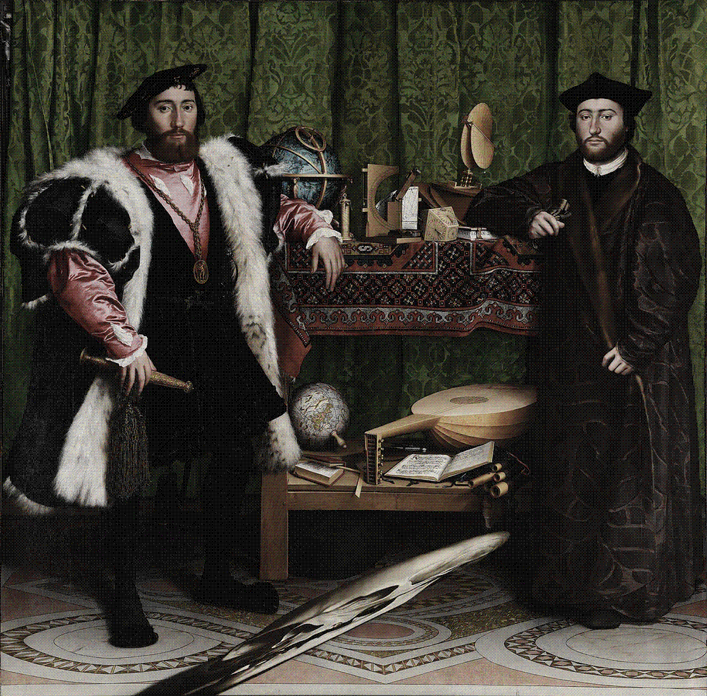 Hans Holbein the Younger, 'The Ambassadors' (1533), National Gallery, London: two envoys flanking a table of instruments, with an anamorphic skull across the foreground.