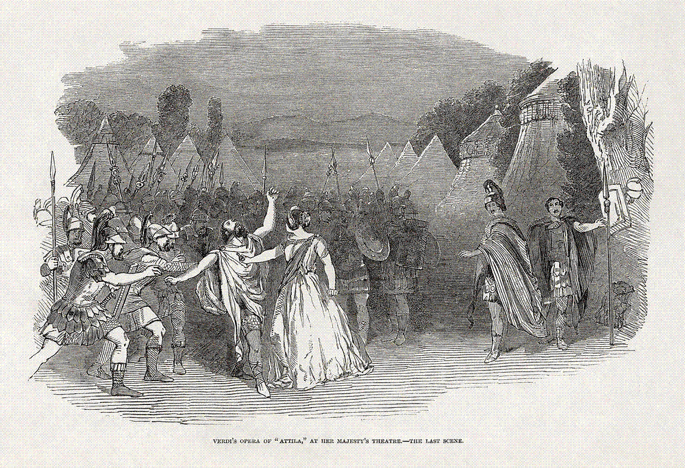 Wood engraving from the Illustrated London News, 15 April 1848, showing a scene from Verdi's Attila at Her Majesty's Theatre, London.