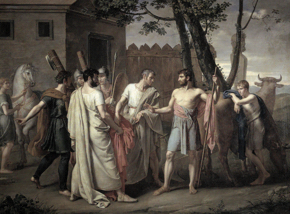 Neoclassical painting of the aged Roman Cincinnatus leaving his plough as senate deputies arrive to summon him back to lead the Republic.
