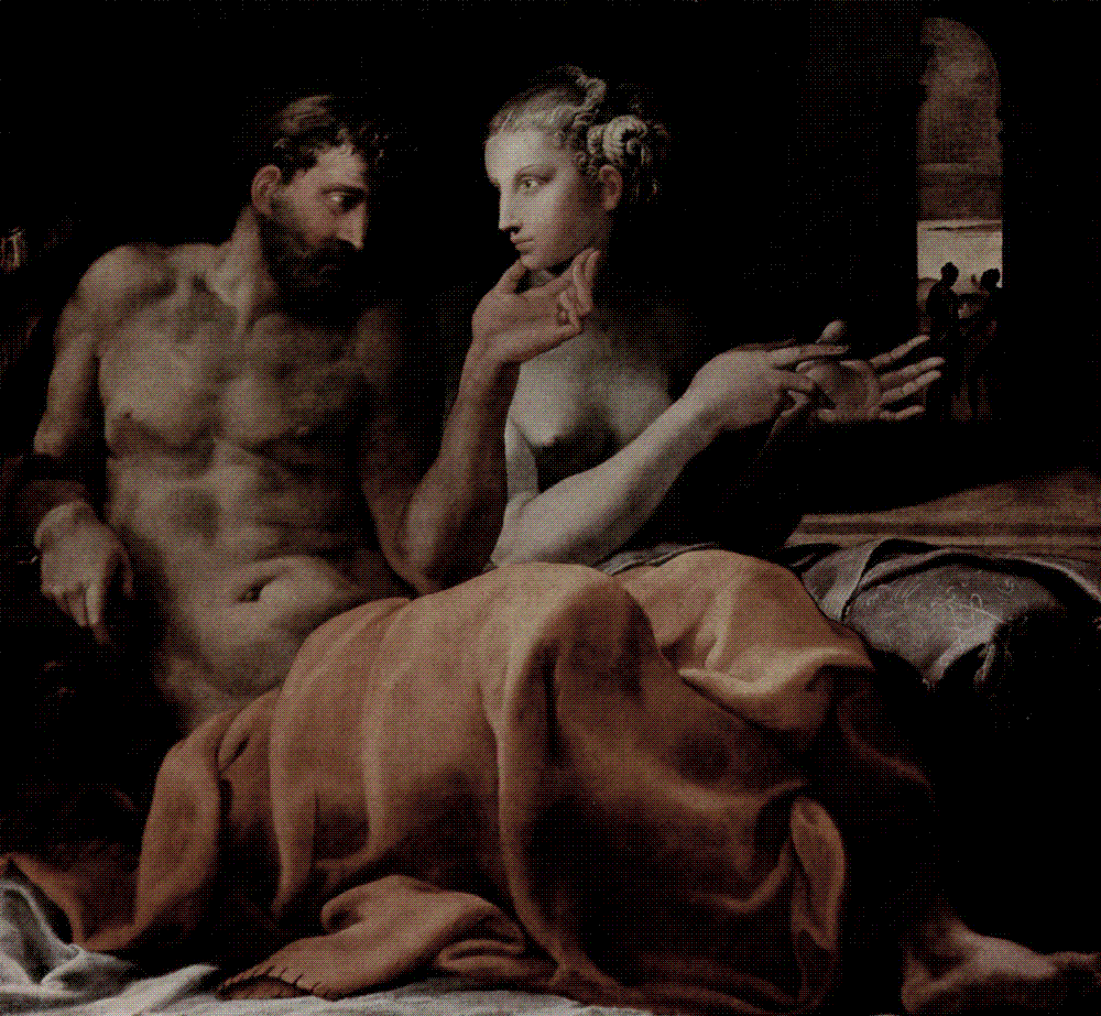 Mannerist painting of Odysseus and Penelope embracing on their bed at his long-awaited homecoming to Ithaca.