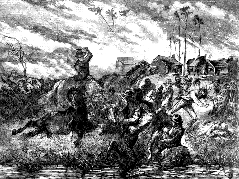 1871 wood engraving of Peshtigo residents fleeing into the Peshtigo River as the firestorm consumes the town around them