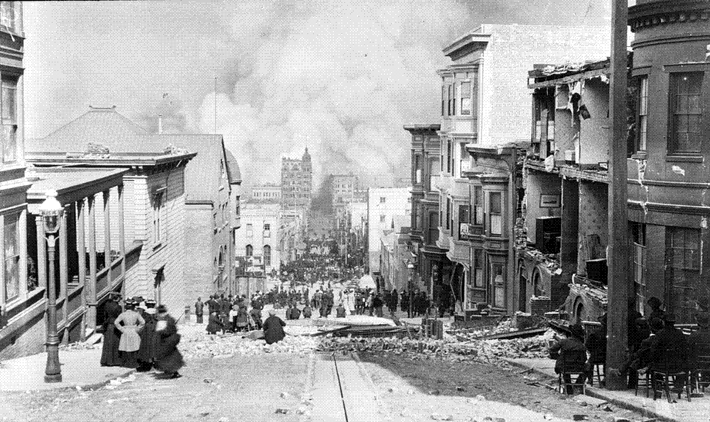 Arnold Genthe's photograph looking down Sacramento Street as residents watch San Francisco burn, April 18, 1906