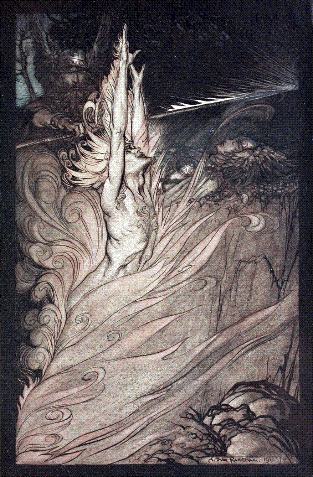 Arthur Rackham's 1910 illustration of Loge's magic fire encircling Brünnhilde's rock at Wotan's command