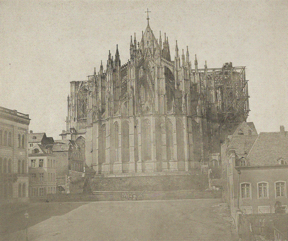 Salt-print photograph of the unfinished Cologne Cathedral seen from the east in 1855, a quarter-century before its completion.