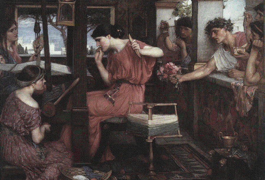 John William Waterhouse, Penelope and the Suitors (1912), Penelope at her loom while the suitors crowd the window of the absent king's house