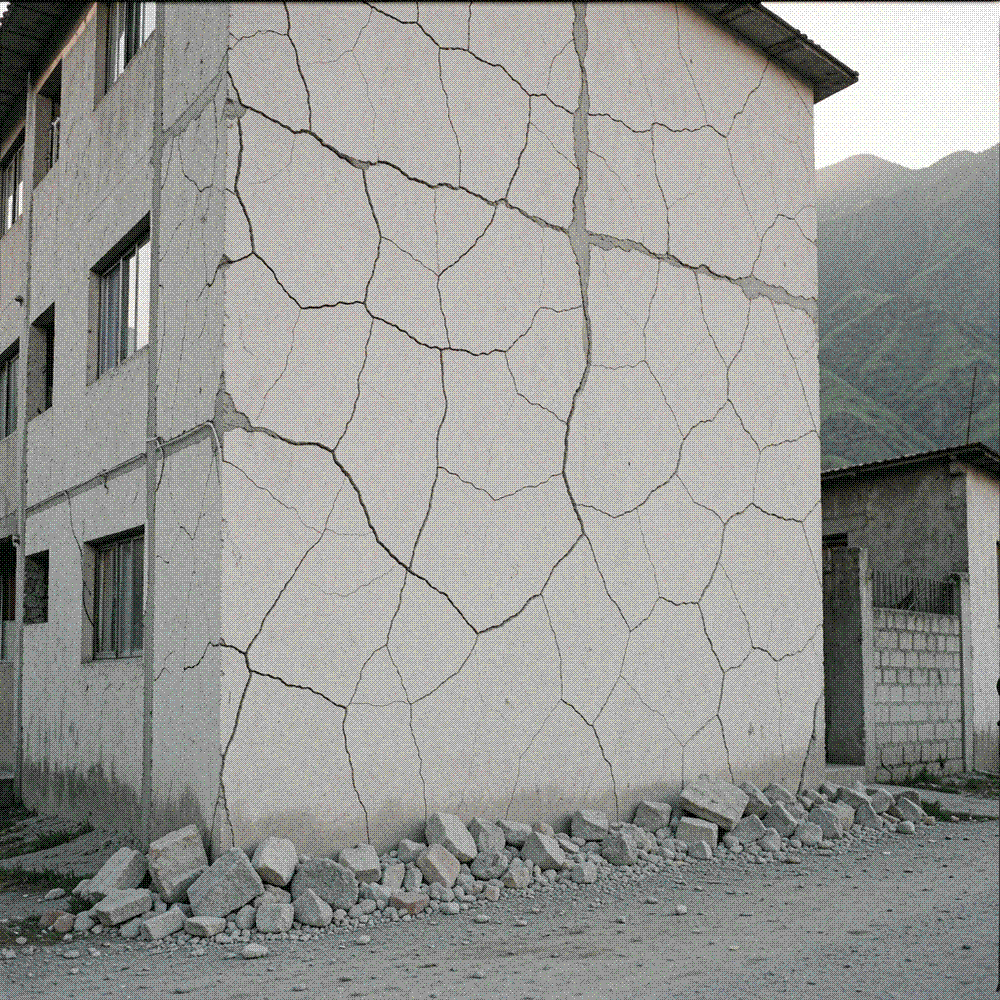 Cracked concrete facade webbed with fissures at dawn, rubble dusting an empty street, hazy green foothills beyond