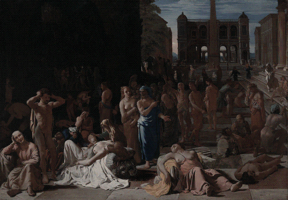 Michael Sweerts, Plague in an Ancient City, oil on canvas, about 1652-54, Los Angeles County Museum of Art: corpses and dying figures spread across the steps and streets of a classical city, a scene usually associated with Thucydides' plague of Athens.
