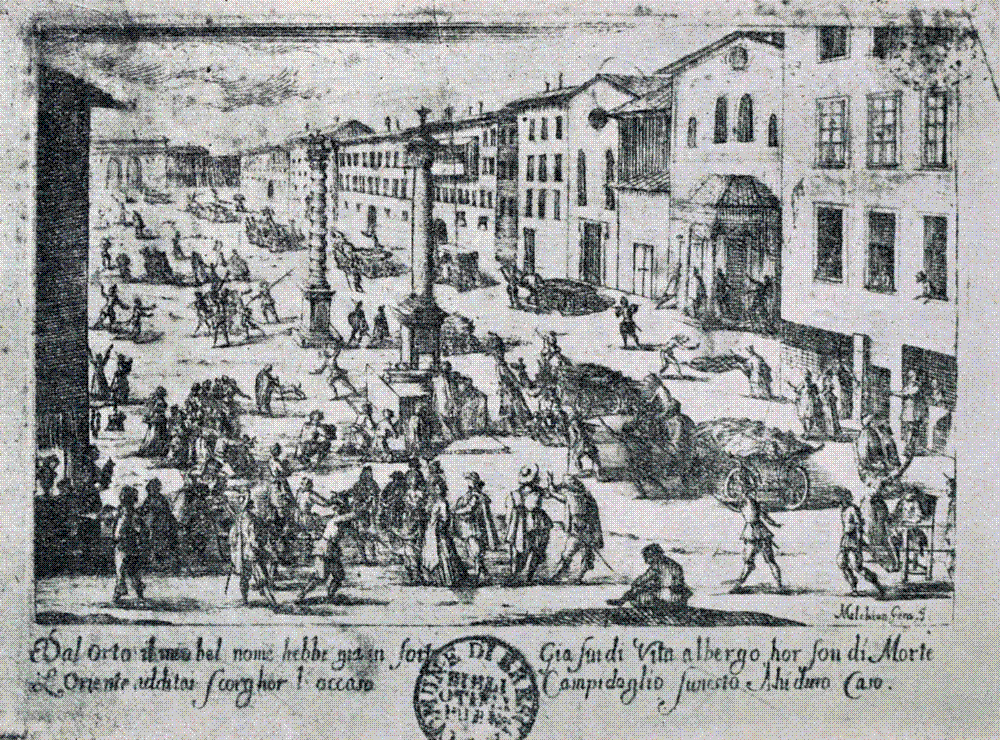 Melchiorre Gherardini, Piazza di S. Babila during the plague of 1630 in Milan: carts and monatti carrying away the dead through an emptied city square.