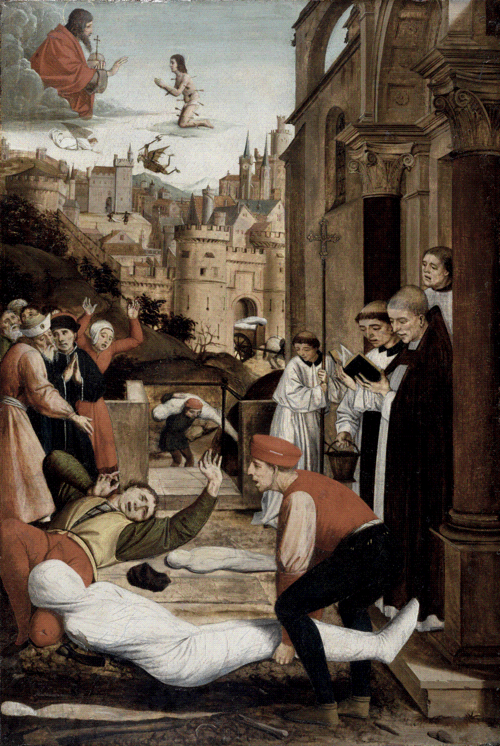 Josse Lieferinxe, Saint Sebastian Interceding for the Plague Stricken (1497-99), Walters Art Museum: a gravedigger falls sick beside an open grave as a shrouded plague victim is buried, with an angel and a demon battling in the sky above the city.