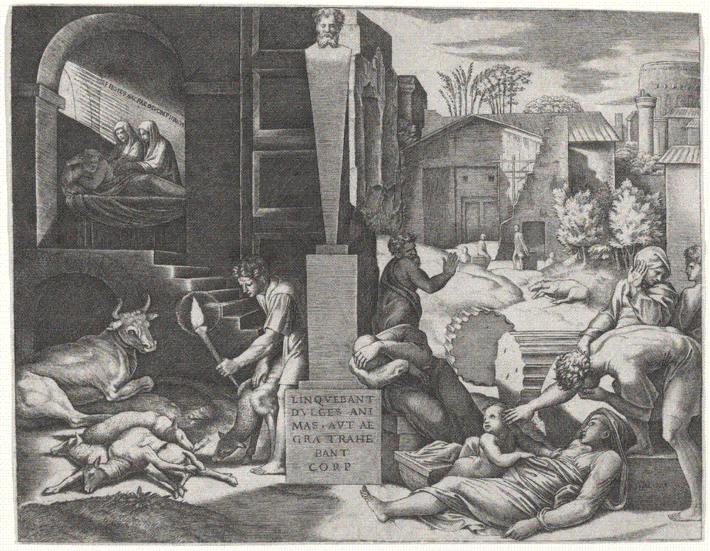 Il Morbetto, engraving by Marcantonio Raimondi after Raphael, about 1515-16: dying figures and dead animals in a shadowed street, with a torchbearer at left and the sleeping Aeneas receiving a vision.