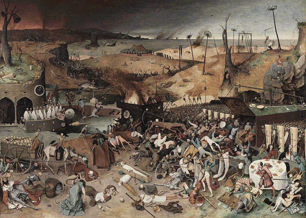 Pieter Bruegel the Elder's The Triumph of Death: an army of skeletons drives the living across a burning landscape