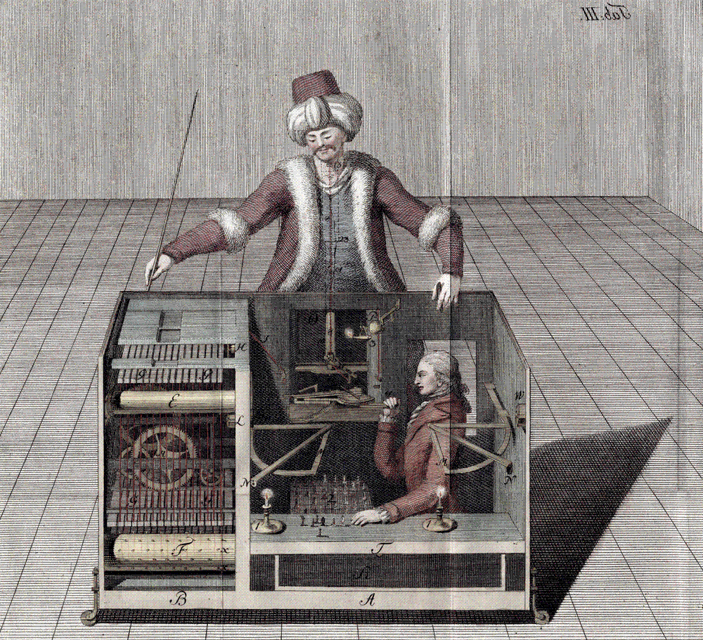 A hand-colored engraving showing the Turk automaton, a robed figure seated at a chess cabinet, with the cabinet's doors open to reveal the internal machinery and the space concealing a human operator.
