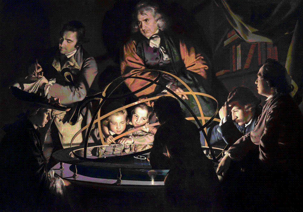 A dramatic candlelit oil painting in which a lecturer and a circle of adults and children lean over a brass mechanical model of the planets, their faces illuminated by a hidden lamp at the model's center.