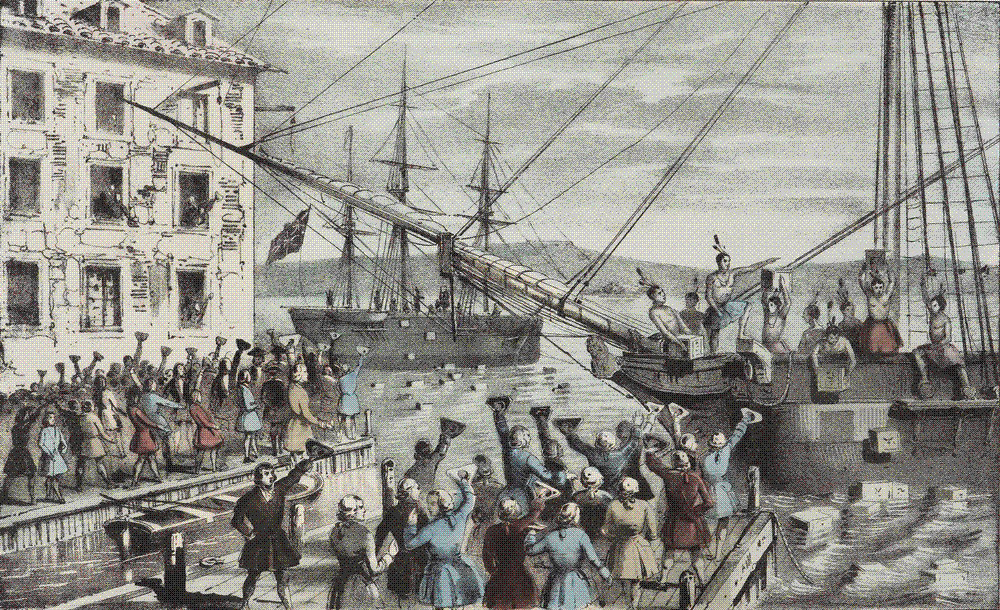Hand-colored lithograph of colonists dumping chests of tea from ships into Boston Harbor as a crowd watches from the wharf