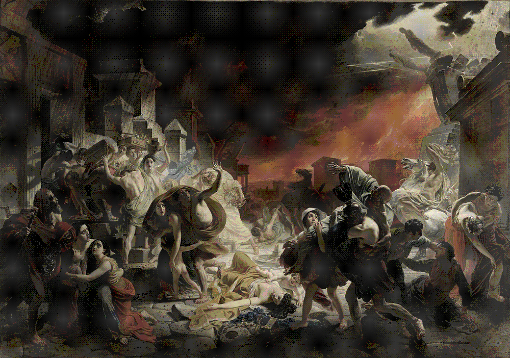 Panicked crowds flee collapsing columns and toppling statues under a red volcanic sky as Vesuvius erupts over Pompeii.
