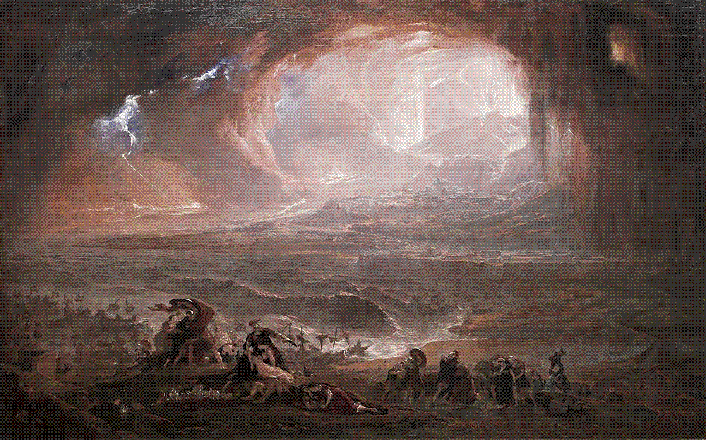 Tiny figures flee beneath a vast black sky as Vesuvius erupts and fire and ash engulf Pompeii and Herculaneum.